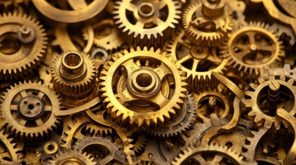 Intricate brass gears interlocking and showing fine details