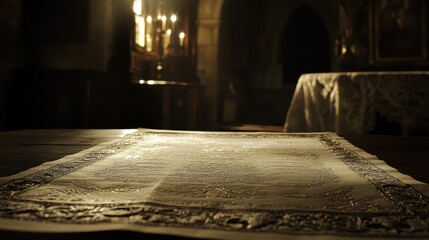 Intricate embossed official document in a candlelit study