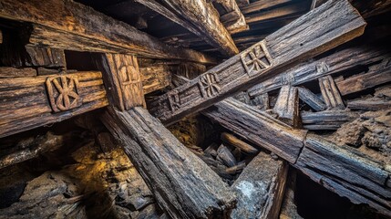 Intricately Carved Wooden Beams with Symbolic Details