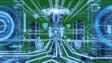 Futuristic Cyber Cityscape Digital Data Flow and Network Security in a HighTech Urban Environment Showcasing Advanced Technology and Cybersecurity Infrastructure.