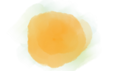 A soft, abstract watercolor effect featuring blended shades of warm orange and yellow on a white background.