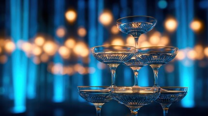 A stunning glass champagne tower illuminated by soft blue lights at a festive event, creating a magical ambiance