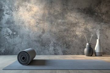 A tranquil yoga space featuring a grey mat unrolled on a wooden floor, against a textured concrete wall, with diffusers for a serene atmosphere.
