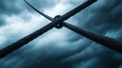 Massive steel cables intertwined against a stormy sky