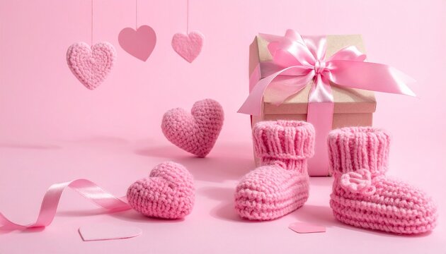 Adorable pink baby shower gift with booties and hearts for a new baby girl, ideal for nursery decor, baby announcements, and celebrating motherhood joy