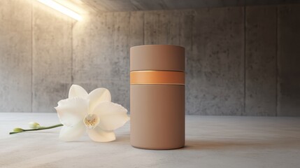 Minimalist perfume bottle with bronze accent and flower