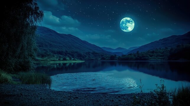 Moon reflecting in calm lake at night under starry sky