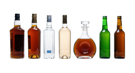 seven unlabeled bottles (whiskey, vodka, rosé, beer, cognac) arranged horizontally on a seamless bright white surface, emphasizing contrasting shapes and liquid contents, concept for beverage variety
