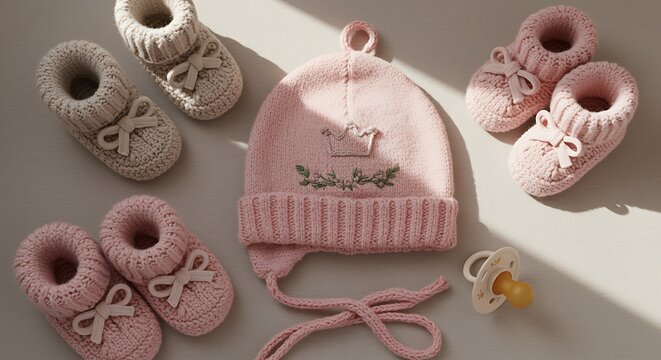 A charming baby collection knitted hat booties and a soothing pacifier