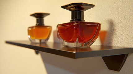 Perfume bottles on a dark shelf creating elegant display