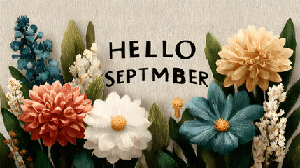 September month illustration background with pastel colors drawing with written Hello September to celebrate start of the month