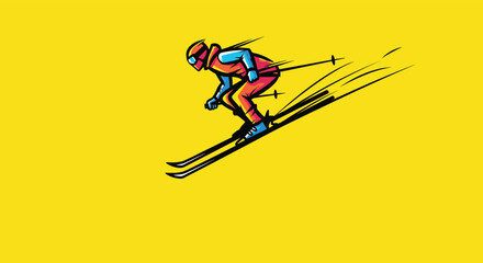 A colorful and dynamic sketch of a downhill skier racing with motion lines creating a sense of speed on a yellow background.
