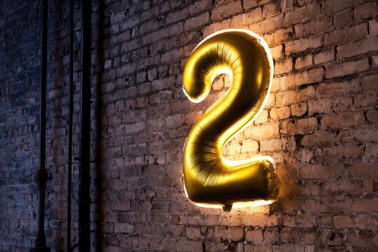 Golden number two balloon illuminated against a rustic brick wall, creating a festive atmosphere - Powered by Adobe