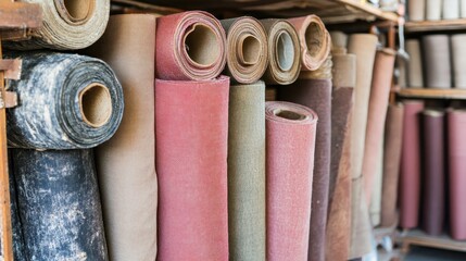 Rolled canvas fabric rolls arranged on storage shelves