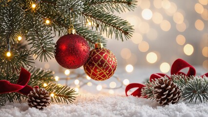 Red Christmas Baubles Hanging On Snowy Pine Tree