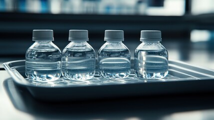 Row of sterile saline solution bottles on a laboratory shelf