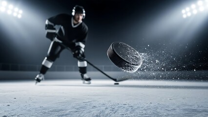 Obraz premium A hockey puck explodes into fragments as it flies across the ice, captured in a dramatic moment of intense competition under the glow of stadium spotlights.