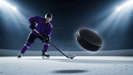 Fototapeta premium A hockey puck explodes into fragments as it flies across the ice, captured in a dramatic moment of intense competition under the glow of stadium spotlights.
