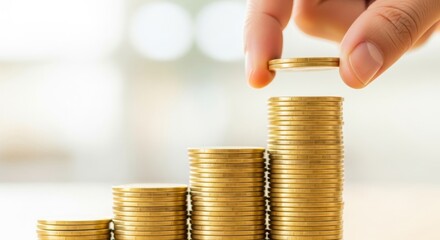 Hand stacking gold coins on growing wealth chart