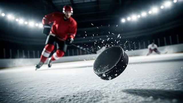 A hockey puck explodes into fragments as it flies across the ice, captured in a dramatic moment of intense competition under the glow of stadium spotlights.