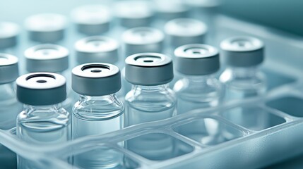 Rows of small clear plastic vials with snap on caps containing clear liquid sit in a blue plastic tray in a laboratory setting