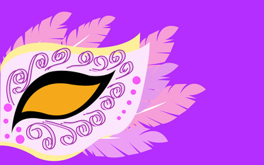 Abstract Eye Mask: A vivid illustration of a decorative eye mask, featuring intricate patterns and soft feather plumes, set against a solid violet background, evokes mystery and festivity.