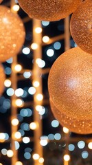 Fototapeta premium Glimmering orange ornaments hanging against a backdrop of shimmering lights, creating a festive ambiance