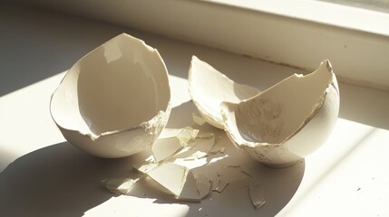 Shattered delicate porcelain fragments scattered on a sunlit surface