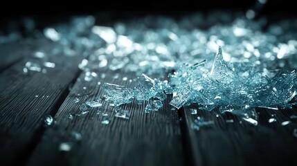 Shattered Glass Fragments Scattered on a Dark Wooden Surface