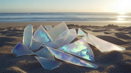 Shattered iridescent abalone shell fragments on a beach