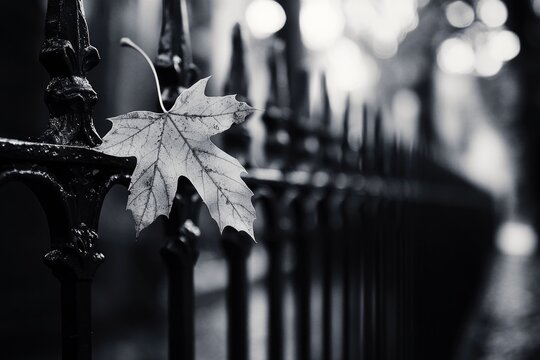 A solitary autumn leaf, caught on a weathered wrought-iron fence, beautifully rendered in black and white with a soft, blurred background. - Powered by Adobe