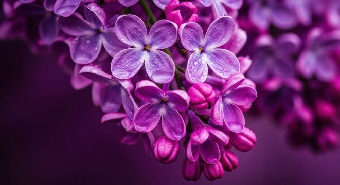 Macro shot of purple lilac flowers with water droplets