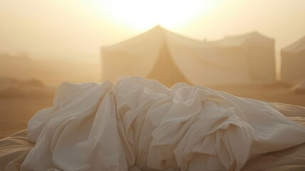 Soft cream colored waterproof fabric folds in the foreground with a blurred white tent shelter structure visible in the hazy golden sunlight outdoors