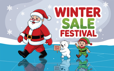 Santa claus elf and polar bear celebrate winter sale festival on ice