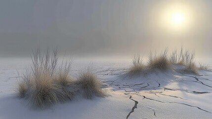 Sun bleached skeletal remains of dry vegetation on cracked earth in a foggy landscape with soft sunlight