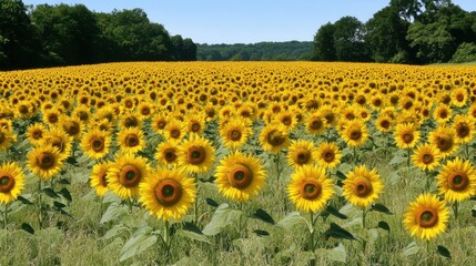 Sunflower Field Blooming Under a Bright Blue Summer Sky