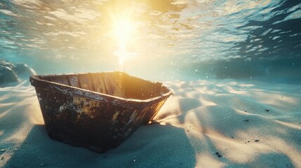 Sunlit Underwater Metal Wreckage Partially Buried in Sand