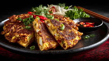 Close up of savory korean pancake with sauce and vegetable garnish
