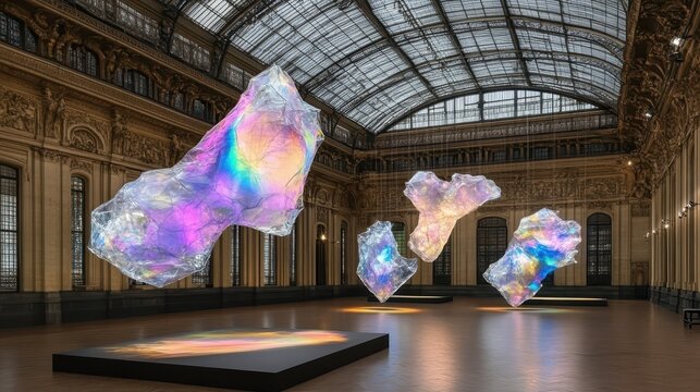 Suspended crystalline installation reflecting colorful light in gallery