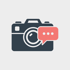 Dark grey camera icon with a red speech bubble containing an ellipsis, symbolizing photo communication or sharing.