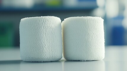 Two large rolls of thick white medical bandage material presented up close on a flat surface with a softly blurred background