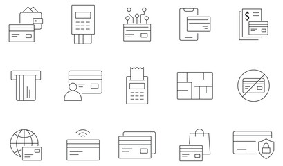 Collation of credit card icons vector. Containing wallet, secure, credit cards, money bag, payment, shopping, transfer, ATM and more. Online payment set of web icons in line style. Vector illustration