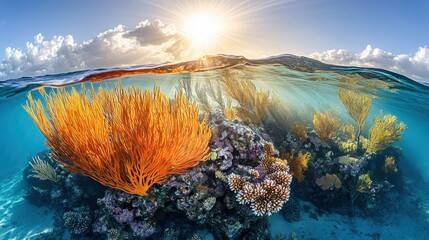Vibrant underwater coral reef with sunlight shining through the water