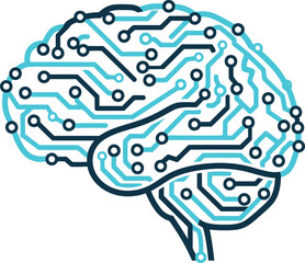 Stylized human brain depicted as a complex electronic circuit board with interconnected pathways and nodes, representing artificial intelligence and cognitive processes.