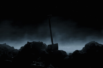 Fototapeta premium 3D rendering of a shovel stuck in a dug-up mound of earth at dark night