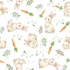 Cute Watercolor Bunny and Carrot Seamless Pattern on White Background