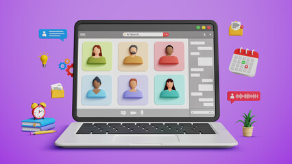Online group call, video conference, online presentation of team, freelance coworkers, virtual discussion, digital meeting concept. Remote communication or webinar call on 3D laptop
