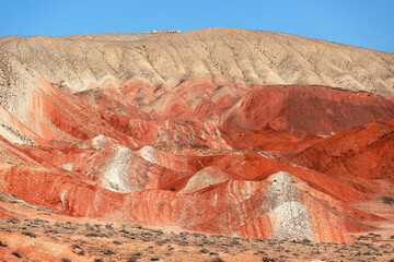 Beautiful mountains with red soil in Khizi. Azerbaijan.
