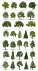 Diverse collection of realistic green trees on white