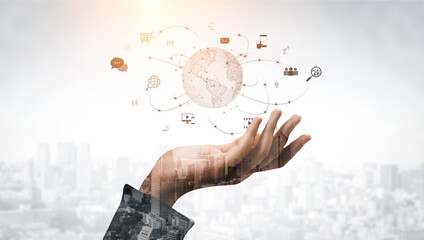 Visualization of global digital communication and online across multiple platforms, including global network, digital network, communication network, and online network. Vouch